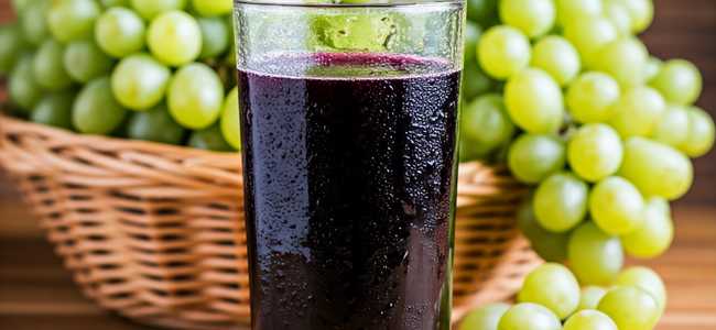 Homemade Grape Juice in glass, with green grapes in background in basket.