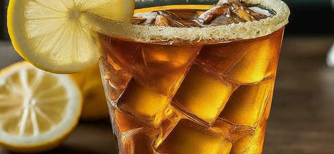 Glass of iced tea with lemon slice.