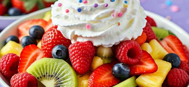 Whimsical Unicorn Fruit Salad, with strawberries on plat in background.